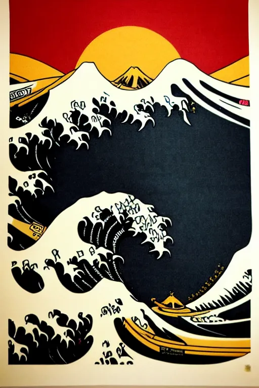 Image similar to Shepard Fairey The Great Wave off Kanagawa, sun in the background