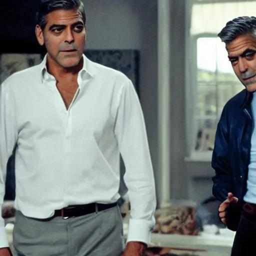 Image similar to George Clooney showing white blueprint to friends, movie scene, cinematic, highly detailed, sharp detail