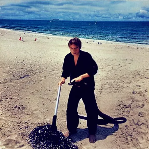 Image similar to “Anakin Skywalker vacuuming the beach to remove sand”