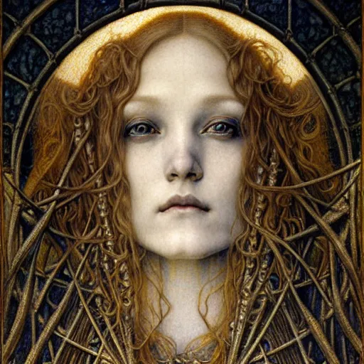 Image similar to detailed realistic beautiful young medieval queen face portrait by jean delville, gustave dore and marco mazzoni, art nouveau, symbolist, visionary, gothic, pre - raphaelite. horizontal symmetry