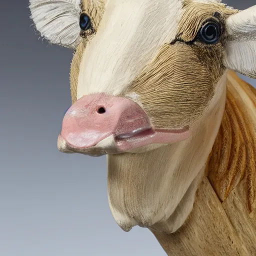 Prompt: a taxidermized smiling goose cow chimera, in a museum, on a pedestal, 8 5 mm lens, 7 0 mm entrance pupil diameter, close - up photograph, high detail, 4 k, soft focus, depth of field