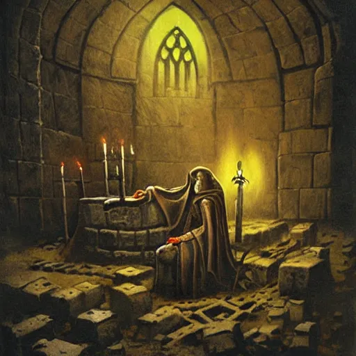 Prompt: Necromancer creating his first phylactery in the depths of a crypt, high quality dark gothic painting