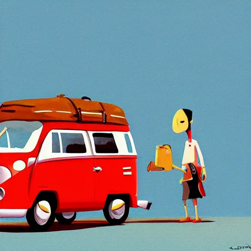 Prompt: goro fujita ilustration traveling in a volkswagen car with luggage, painting by goro fujita, sharp focus, highly detailed, artstation