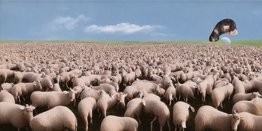 Prompt: a disembodied ear floats above a field of sheep in england, hipgnosis artwork