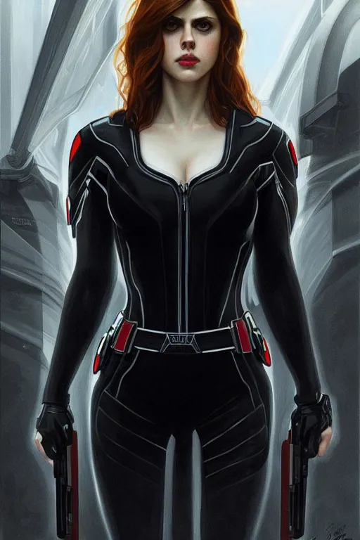 Image similar to alexandra daddario as black widow, realistic portrait, symmetrical, highly detailed, digital painting, artstation, concept art, smooth, sharp focus, illustration, cinematic lighting, art by artgerm and greg rutkowski and alphonse mucha