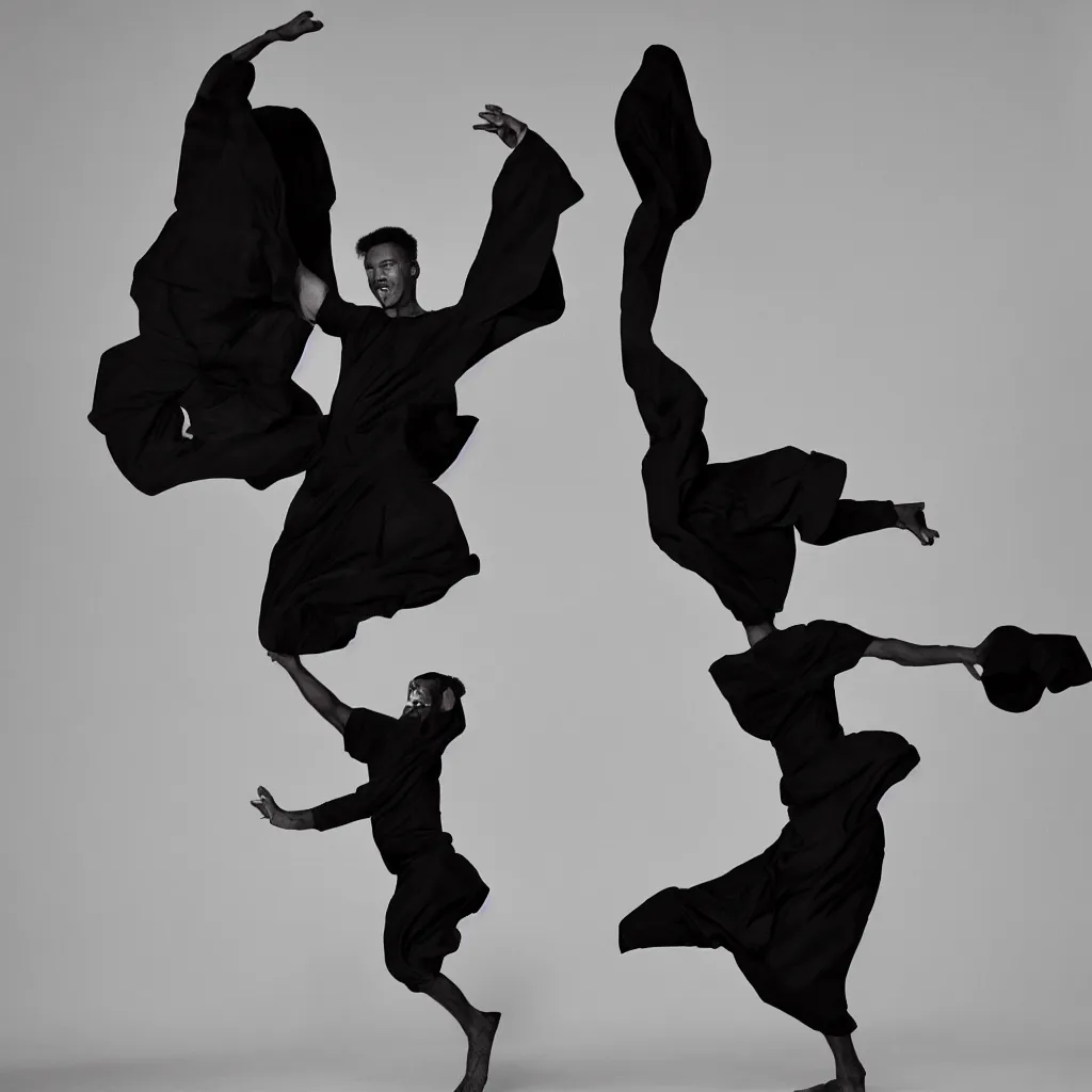 Image similar to a photo of a man dancing in a black Issey Miyake dress