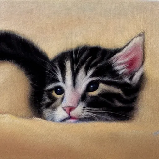 Prompt: painting of a cute kitten laying under a blanket