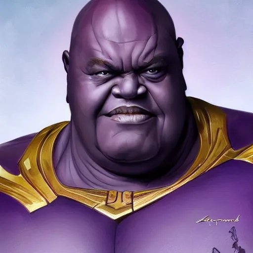 Prompt: portrait of Lavell Crawford as Thanos, elegant, intricate, headshot, highly detailed, digital painting, artstation, concept art, sharp focus, illustration, art by artgerm and greg rutkowski and alphonse mucha