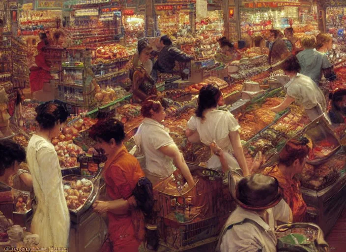 Prompt: a crowded super market, highly detailed painting by gaston bussiere, craig mullins, j. c. leyendecker