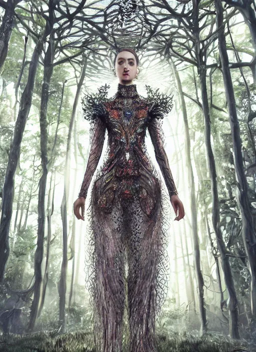 Prompt: a beautiful hyperrealistic ultradetailed 3D, one girl in a magnificent McQueen couture clothes on the background of a futuristic forest, Designer clothes, futuristic clothes, clothes from the future, biopunk, voge photo, fashion style, fullbody, in full growth, intricate, elegant, highly detailed, artstation, concept art, smooth, sharp focus, illustration, art by and greg rutkowski and orientalism and bouguereau and Zdzislaw Beksinski, good clear quality, lighting,