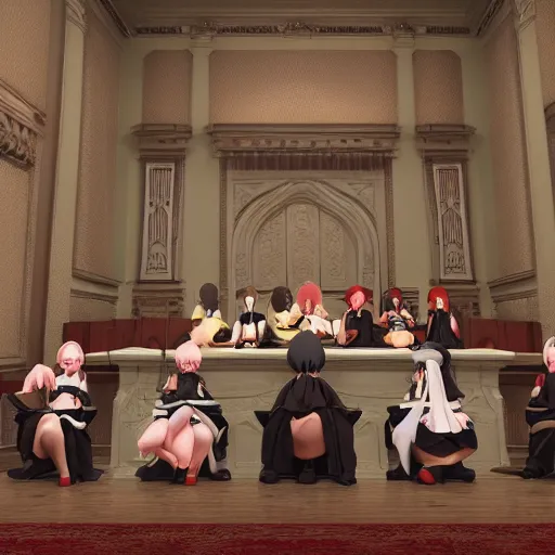 Image similar to the council of fumo plush convenes to judge your sins, lit from below, dramatic courtroom image, anime girls, vray