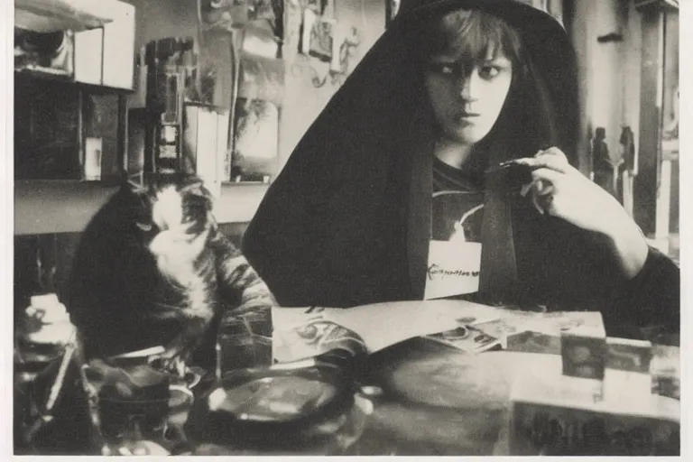 Image similar to polaroid 1 9 8 0's photo, close up portrait, dramatic lighting, concentration, calm confident teen witch and her cat reading tarot card, incense smoke fills the air, a witch hat and cape, ingredients on the table, apothecary shelves in the background, still from harry potter