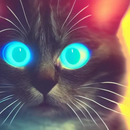 Prompt: a cat superhero with water powers, glowing eyes, ocean background,cat is floating in air