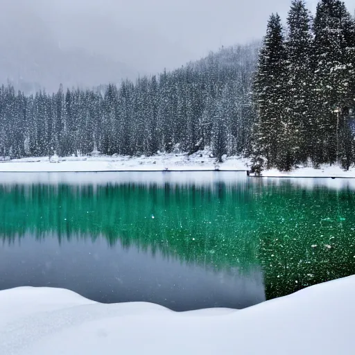 Prompt: A crystalized lake in winter while it is snowing. Muted colors, 8k.