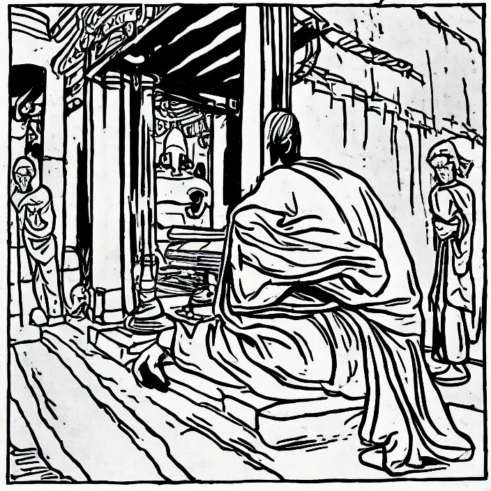 Image similar to a still frame from comic strip a person praying in the temple 1 9 9 0, new yorker illustration, monochrome contrast bw, lineart, manga, simplified