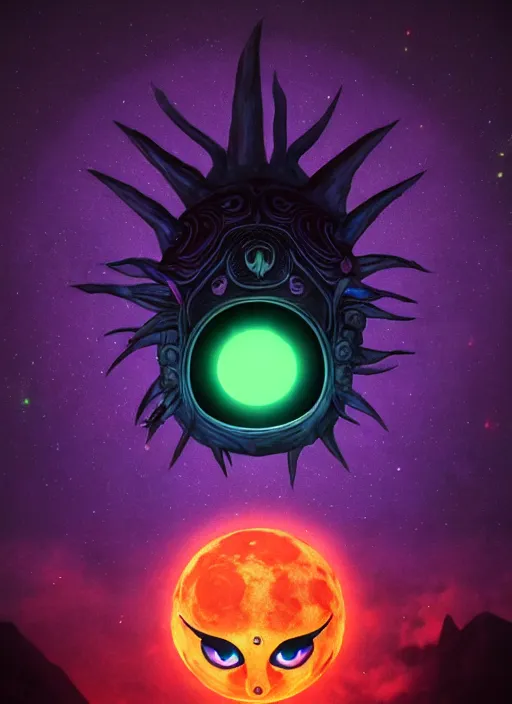 Image similar to majora\'s mask evil moon looking at link maniacally, night sky, starry night, legend of zelda, dramatic lighting, cinematic, film, dynamic pose,  movie scene, colorful, dark, concept, 8K, actor as role, octane render, visionary, artstation,neon lighting, intense shadows, legend of zelda link staring at the moon, insanely detailed octane render, 8k film photography, photorealistic,