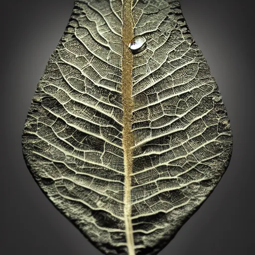 Prompt: Intricate a whole fantasy leaf, encrusted with jewels, detailed veins, sharp focus, octane render, high quality, 8k, volumetric lighting, on black background