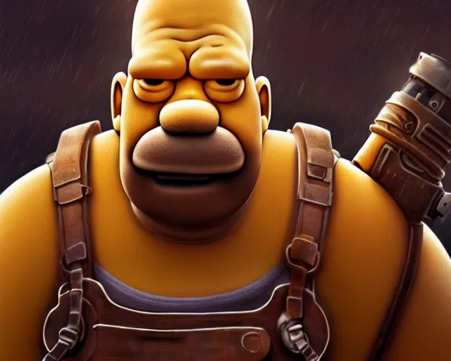 Prompt: a epic cinematic gaming screenshot portrait of homer simpson as main character from uncharted, deep focus, adventure, fantasy, intricate, elegant, highly detailed, digital painting, artstation, concept art, matte, sharp focus, illustration, fantasy style art, art by artgerm and greg rutkowski, matt groening and alphonse mucha