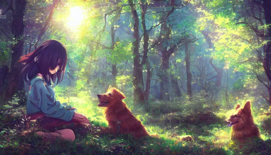 Image similar to Marin Kitagawa petting a dog. Beautiful anime lush forest background. Golden hour. Trending on art station