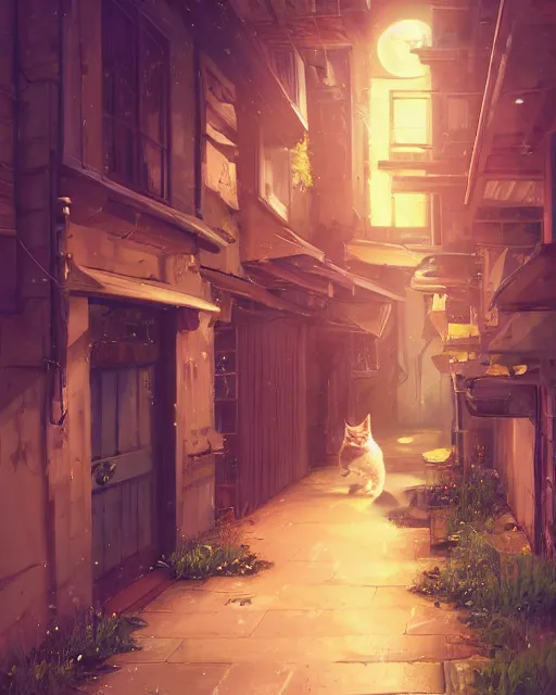 Prompt: an auburn tabby cat walking down an alleyway, adventure, nightfall. Quiet, serene, calm night. Over shoulder shot, cat is the focus. Digital illustration, very vibrant colors, soft lighting, atmospheric lighting, 8K, octane render. By Makoto Shinkai, Stanley Artgerm Lau, WLOP, Rossdraws, warrior cats fan art, James Jean, Andrei Riabovitchev, Marc Simonetti, krenz cushart, Sakimichan, D&D trending on ArtStation, digital art.