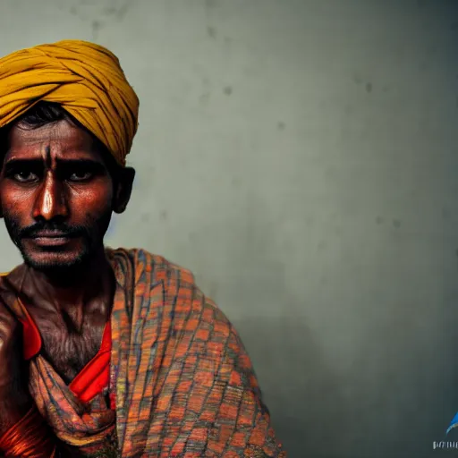 Image similar to a dramatic portrait of worker from india, cinematic lighting