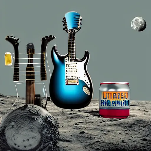 Prompt: a detailed, realistic, idle, regular sized electric guitar next to a detailed, realistic, idle, regular sized beer can on the moon. detailed photo. realistic photo. art deco style