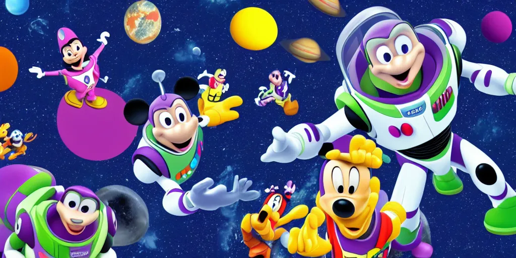 Prompt: mickey face, buzz lightyear body, space background, cinematic