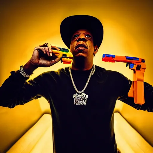 Prompt: Jay-Z posing with a nerf gun, 8k, dramatic lighting, dramatic scene