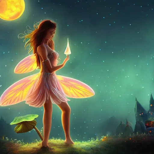 Image similar to attractive, fairy, woman, in the night, fantasy, crescent moon in background, luminous, toadstools, fireflies, fantasy, mist, highly detailed painting, fine lines, light rays, mid shot, 8 k realistic, sharp focus