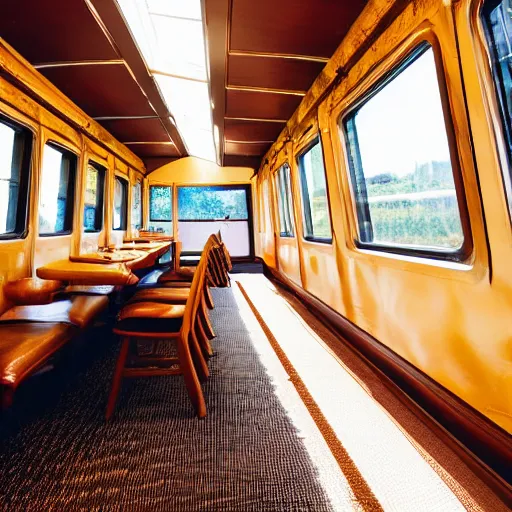 Image similar to photograph of cozy private diner train car, plush chairs, god rays through windows, rich wooden table, potted plants, warm light, wide angle