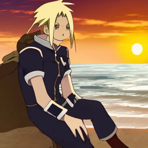 Prompt: edward from fullmetal alchemist sitting on the beach with the sun setting in the background