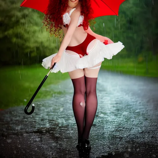 prompthunt: anime girl walks in lingerie and pantyhose in the rain with an  umbrella, red curly hair in pigtails with an elastic band, rain, full HD, 8k