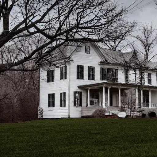 Prompt: archive HD color photo of an anomalous goetic gnostic foreboding farmhouse in Northern Virginia.