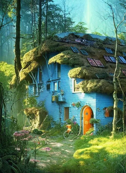 Prompt: hyper realistic witch cottage with solar panels with happy lighting and technology in the woods gorgeous lighting, sunbeams blue sky, lush forest foliage painting by zdzisław beksinski and norman rockwell and greg rutkowski weta studio, and lucasfilm