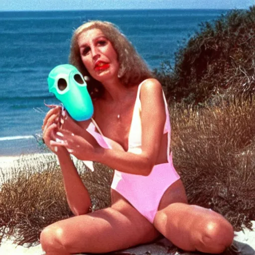 Image similar to 1981 woman on tv show wearing a squishy inflatable prosthetic mask long stick nose, soft color wearing a swimsuit at the beach 1981 color film 16mm holding a an inflatable animal Fellini John Waters Russ Meyer Doris Wishman old photo