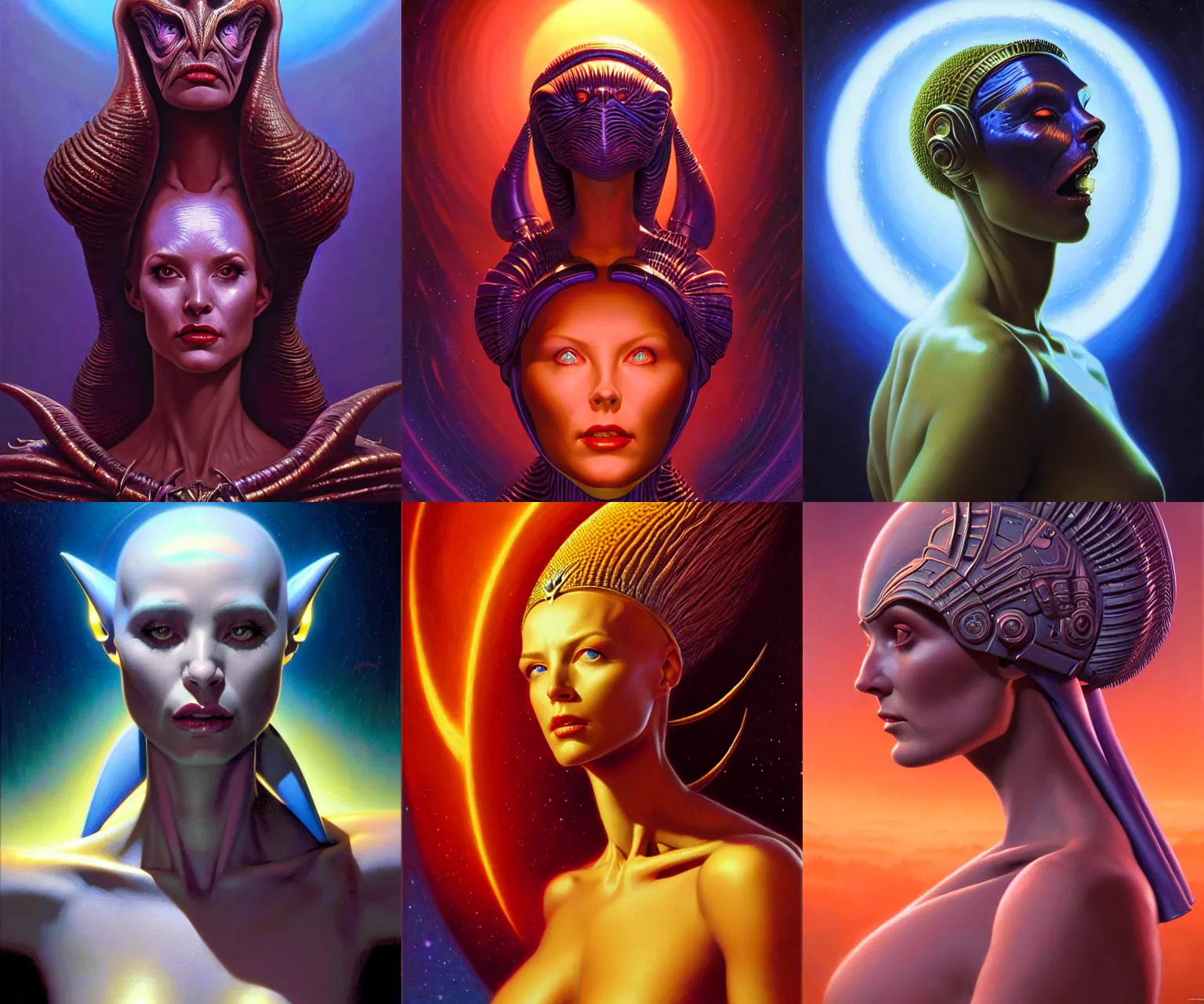 Prompt: cinematic bust portrait of elegant female extraterrestrial queen, head and chest only, exotic alien features, Tim Hildebrandt, Wayne Barlowe, Bruce Pennington, donato giancola, ralph horsley, oil on canvas, masterpiece, trending on artstation, featured on pixiv, cinematic composition, dramatic pose, beautiful lighting, sharp, details, hyper-detailed, HD, HDR, 4K, 8K