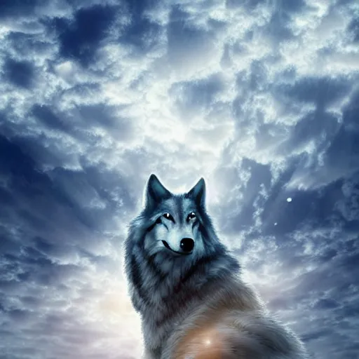 Image similar to of a fantasy sky and the gases and clouds shape into a wolf's head epic digital art