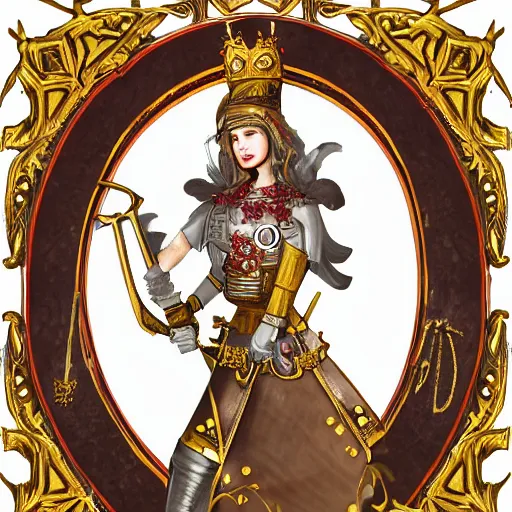 Image similar to an anthropomorphic poppy flower wears an iron breastplate with a gilded crown crest on it, holding a sword and shield as if she's ready for battle, standing next to a large tree stump that seems to be made out of white marble or stone, digital art