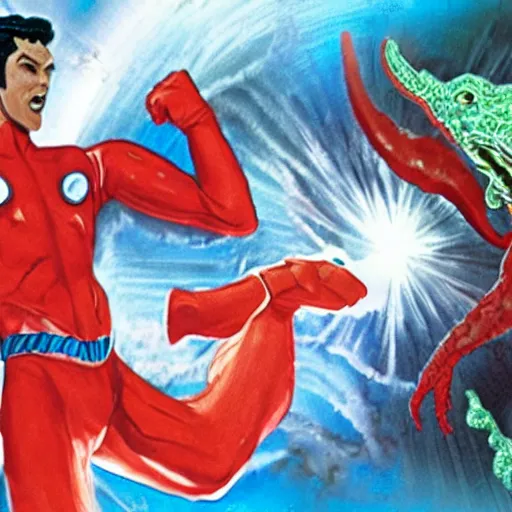 Image similar to ultraman fighting with a huge worm monster