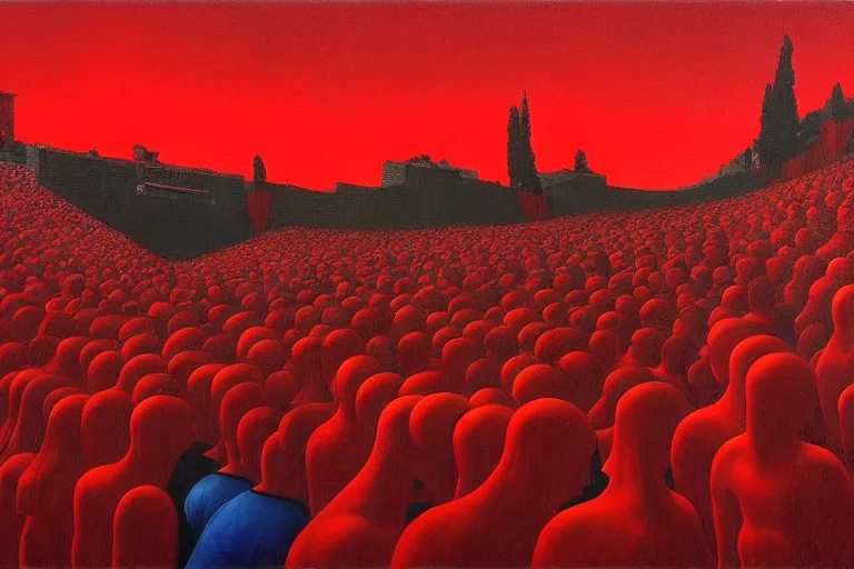 Image similar to only with red, a red great emperor, taormina amphitheatre, crowd with big smile, in the style of beksinski, parts by edward hopper, parts by rodcenko, parts by yue minjun, intricate and epic composition, red by caravaggio, insanely quality, highly detailed, masterpiece, red light, artstation, 4 k