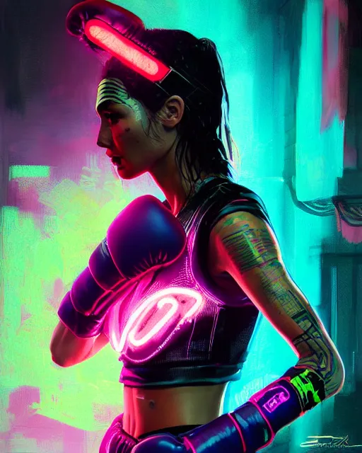 Image similar to detailed portrait Gal Gadot Neon boxer , cyberpunk futuristic neon, reflective crop top and shorts, boxing gloves, decorated with traditional Japanese ornaments by Ismail inceoglu dragan bibin hans thoma greg rutkowski Alexandros Pyromallis Nekro Rene Maritte Illustrated, Perfect face, fine details, realistic shaded, fine-face, pretty face