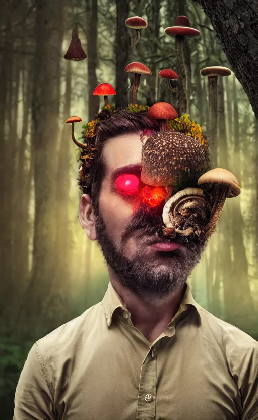 Prompt: realistic colorful photo portrait of man with mushrooms growing on his face, illuminated forest in the background full light, ultra rendered extreme realism and detail, 8 k, highly detailed, realistic, photorealistic,