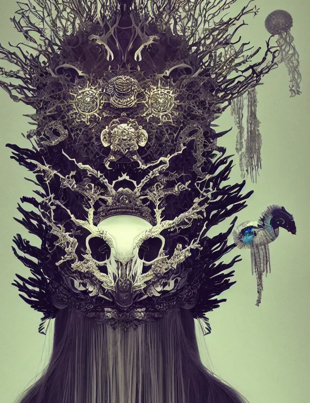 Prompt: goddess macro close - up portrait wigh crown made of ram skull. beautiful intricately detailed japanese crow kitsune mask and clasical japanese kimono. betta fish, jellyfish phoenix, bioluminiscent, plasma, ice, water, wind, creature, artwork by tooth wu and wlop and beeple and greg rutkowski