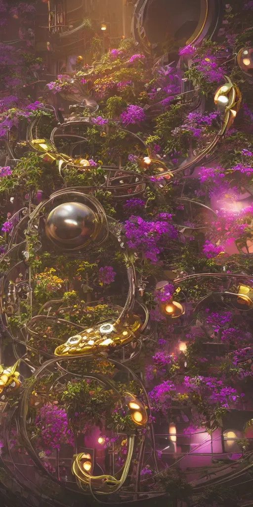 Image similar to a lovely mechanical cornucopia of flowers sci-fi futuristic utopian machine parts wires circuits highly detailed octane render cinematic