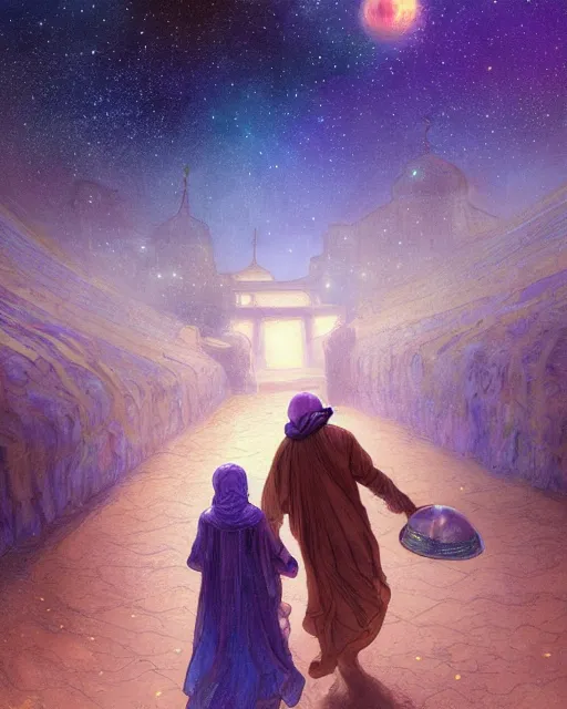 Image similar to bedouin man and woman and child in galaxy walking towards mosque surrounded by nebula, highly detailed, gold filigree, romantic storybook fantasy, soft cinematic lighting, award, disney concept art watercolor illustration by mandy jurgens and alphonse mucha and alena aenami, pastel color palette, featured on artstation