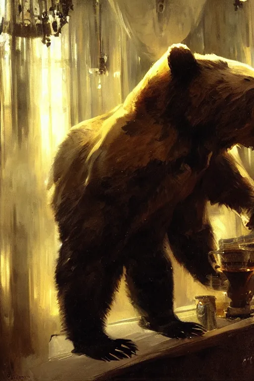 Image similar to portrait of bear gambling in the club by anders zorn, wonderful masterpiece by greg rutkowski, beautiful cinematic light, by greg manchess, jessica rossier