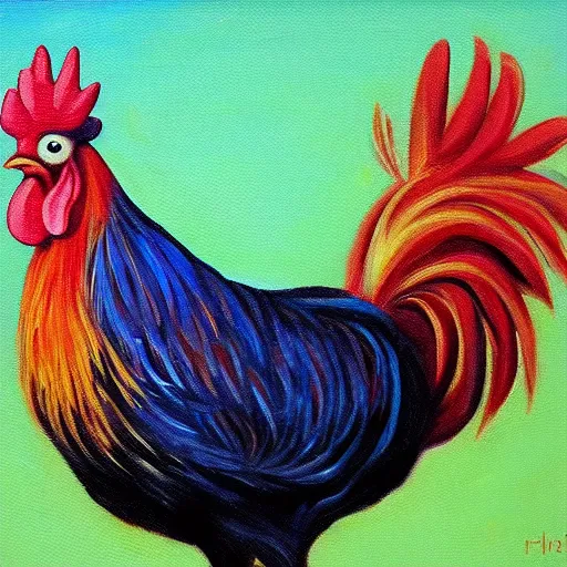 Image similar to oil painting of happy rooster ultra realism