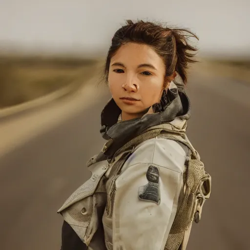 Image similar to photograph of a techwear woman, closeup, on a desert road with a futuristic city in the horizon, sigma 85mm f/1.4, 4k, depth of field, high resolution, 4k, 8k, hd, full color