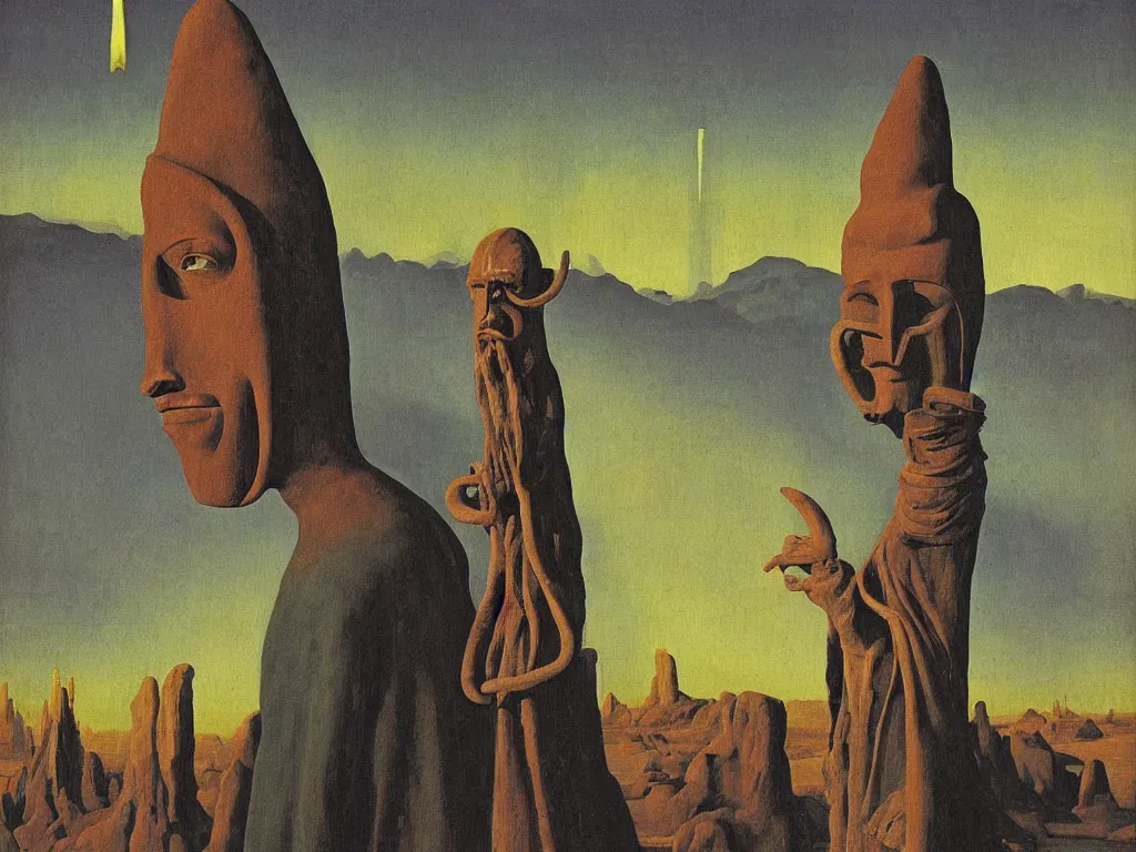 Image similar to Portrait of strange man, african mask, very elongated head, with moth antennae entering the toxic, phosphorescent river flowing from the factory. Apocaliptic skies. The glowing rock in the lithium desert. Painting by Jan van Eyck, Rene Magritte, Jean Delville, Max Ernst, Walton Ford