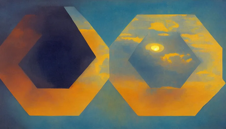 Image similar to the sun being blocked by a hexagon, seen from earth, art deco painting